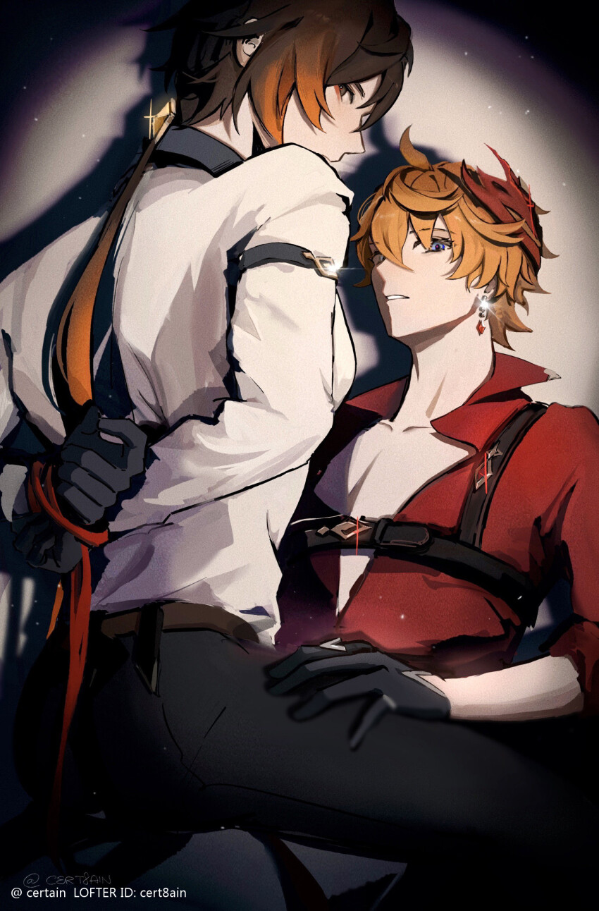 2boys, absurdres, bound, bound_wrists, cert8ain, genshin_impact, hand_on_another's_thigh, highres, lofter, lofter_logo, lofter_username, looking_at_viewer, looking_back, multiple_boys, open_clothes, open_shirt, sitting, sitting_on_another's_lap, sitting_on_lap, sitting_on_person, spotlight, tartaglia_(genshin_impact), yaoi, zhongli_(genshin_impact)