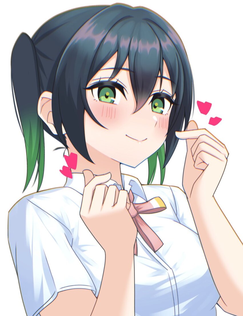 1girl, ame_(amedayo_njgk), black_hair, blush, breasts, closed_mouth, collared_shirt, double_finger_heart