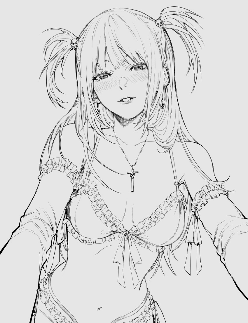 1girl, amane_misa, blush, bra, breasts, commentary, cross, cross_necklace