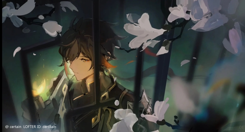 1boy, black_dress, bug, butterfly, butterfly_on_hand, cert8ain, changes, chinese_clothes, crystalfly_(genshin_impact), dress, flower, genshin_impact, highres, insect, lofter, lofter_logo, official_alternate_costume, solo, solo_focus, zhongli_(genshin_impact), zhongli_(lantern_rite)_(genshin_impact)