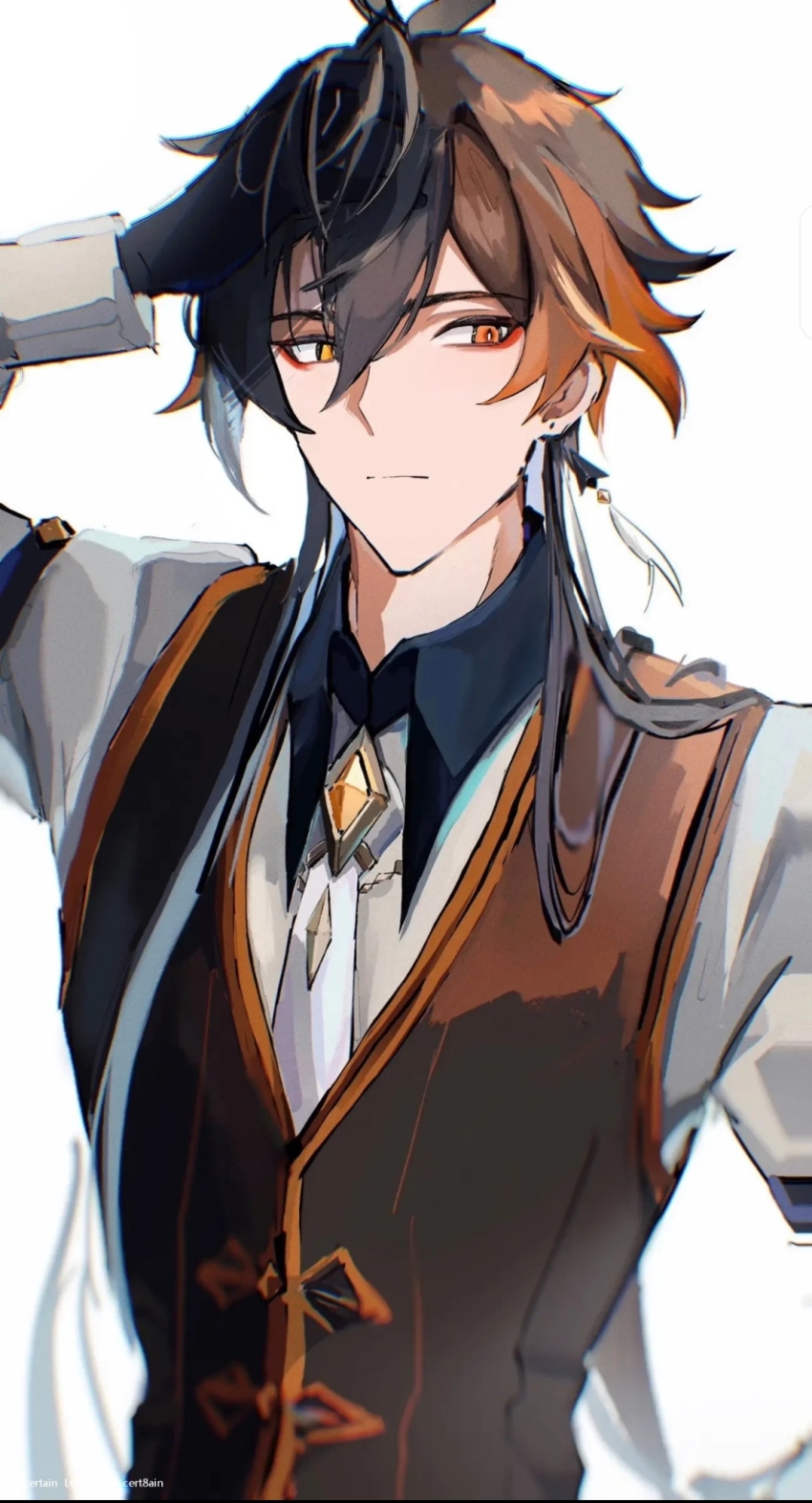 1boy, alternate_hairstyle, cert8ain, genshin_impact, hand_on_own_head, highres, lofter, lofter_logo