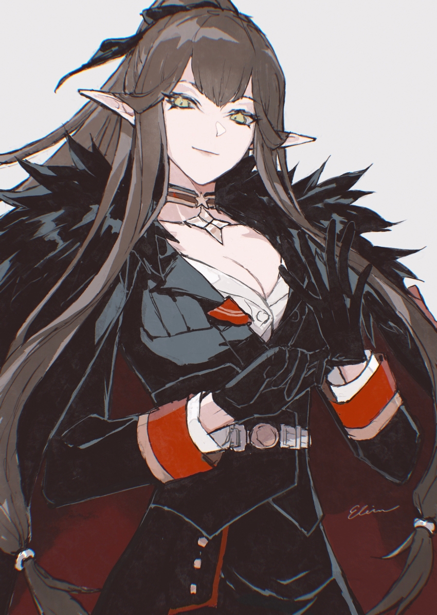 1girl, absurdres, adjusting_clothes, adjusting_gloves, alternate_costume, alternate_hairstyle, belt, black_coat, black_gloves, black_hair, black_jacket, black_ribbon, black_skirt, breasts, choker, chromatic_aberration, cleavage, closed_mouth, coat, coat_on_shoulders, commentary, elaine-didaea, fate/grand_order, fate_(series), fur-trimmed_coat, fur_trim, gloves, grey_background, hair_ribbon, hands_up, high_ponytail, highres, jacket, long_hair, long_sleeves, looking_at_viewer, low-tied_sidelocks, pointy_ears, ponytail, ribbon, semiramis_(fate), shirt, sidelocks, signature, simple_background, skirt, smile, solo, white_belt, white_shirt, yellow_eyes
