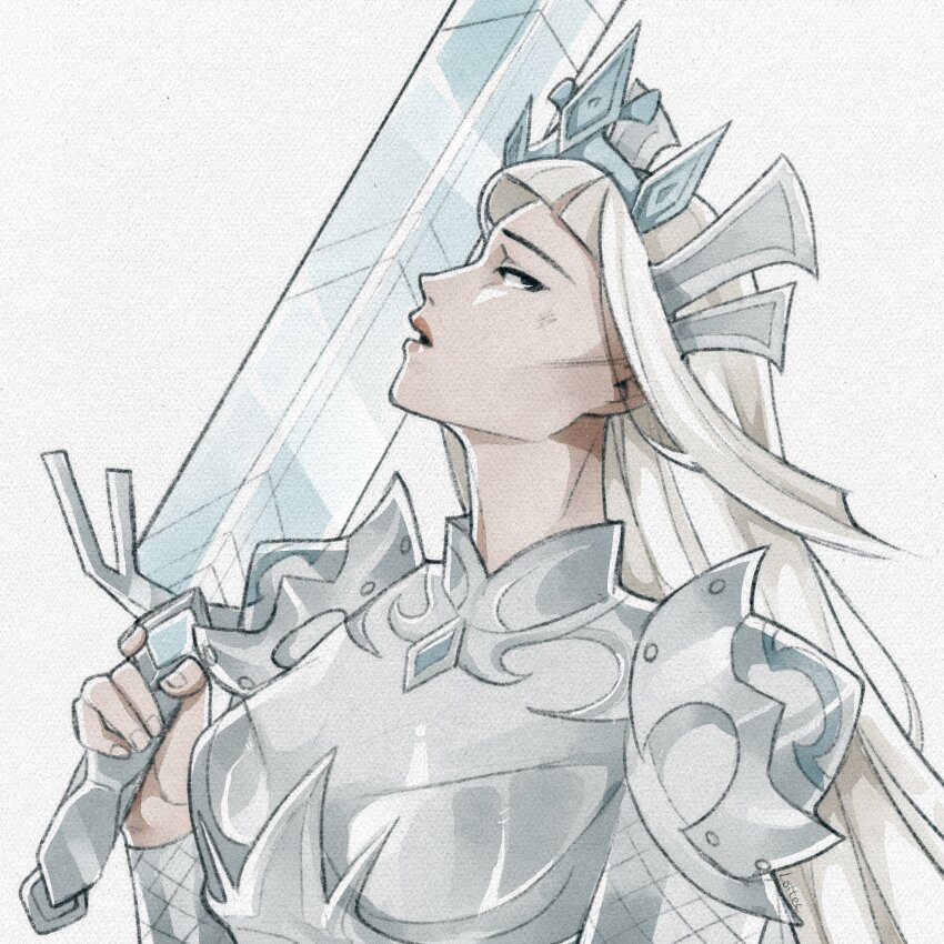 1girl, bridal_gauntlets, brown_eyes, fingernails, grey_armor, hand_up, highres, hime_cut