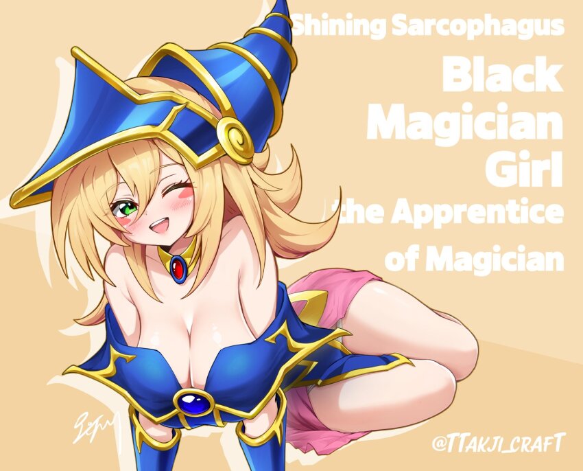 1girl, blonde_hair, blue_dress, blush_stickers, breasts, character_name, cleavage, collar