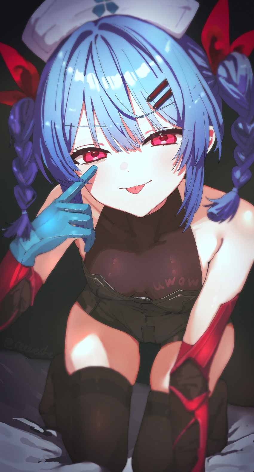 1girl, :p, absurdres, all_fours, bare_shoulders, bent_over, black_leotard, blue_hair, braid, breasts, colphne_(girls'_frontline_2), colphne_(silent_heart)_(girls'_frontline_2), elbow_gloves, eyelid_pull, finger_to_eye, full_body, girls'_frontline, girls'_frontline_2:_exilium, gloves, hair_between_eyes, hair_ornament, hair_ribbon, hairclip, half-closed_eyes, hand_up, hat, highres, kneeling, leotard, loli, looking_at_viewer, medium_hair, mesugaki, nurse_cap, red_eyes, red_ribbon, ribbon, rishe_(reeeeshe), skindentation, small_breasts, smug, solo, teasing, thighhighs, thighs, tongue, tongue_out, twin_braids, twintails