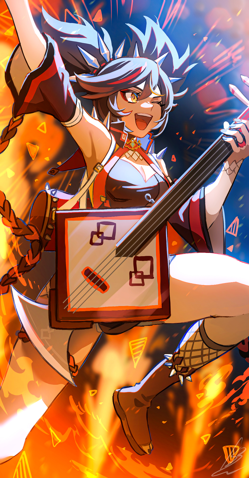1girl, ;d, armpits, black_hair, breasts, cleavage, commentary_request, dark-skinned_female, dark_skin, fingernails, foot_up, genshin_impact, highres, holding, holding_instrument, holding_lute, instrument, long_hair, lute_(instrument), medium_breasts, multicolored_hair, one_eye_closed, open_mouth, red_hair, shibuki_kamone, signature, smile, solo, streaked_hair, teeth, two_side_up, upper_teeth_only, very_long_hair, xinyan_(genshin_impact), yellow_eyes