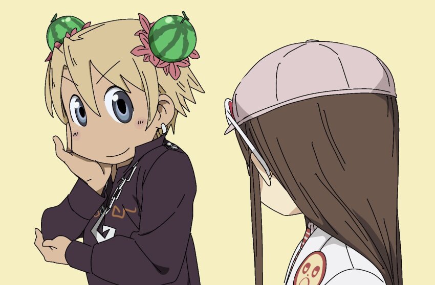 1boy, 1girl, :o, ace_attorney, ace_attorney_investigations, aioi_yuuko, aioi_yuuko_(cosplay), alternate_hair_length, alternate_hairstyle, amikoiiko, apollo_justice:_ace_attorney, arawi_keiichi_(style), badge, blonde_hair, blue_eyes, brown_hair, button_badge, chain, chain_necklace, closed_mouth, coat, collared_shirt, cosplay, dark-skinned_male, dark_skin, derivative_work, dress_shirt, earrings, ema_skye, eyewear_on_head, facing_away, flower, food-themed_hair_ornament, food_print, fruit_print, glasses, hair_flower, hair_ornament, hand_on_own_chin, hand_on_own_elbow, hat, highres, initial, jacket, jewelry, klavier_gavin, lab_coat, light_smile, long_hair, long_sleeves, looking_at_another, looking_at_viewer, necklace, necktie, newsboy_cap, nichijou, pink_hat, pink_necktie, pink_shirt, portrait, purple_jacket, red_necktie, scene_reference, screenshot_redraw, shirt, short_hair, simple_background, single_earring, smile, striped_clothes, striped_necktie, sunglasses, two-tone_necktie, upper_body, v-shaped_eyebrows, watermelon_hair_ornament, watermelon_print, yellow_background