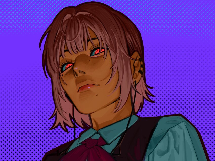 1girl, black_dress, chainsaw_man, closed_mouth, commentary, dress, drugsandsocks, earrings