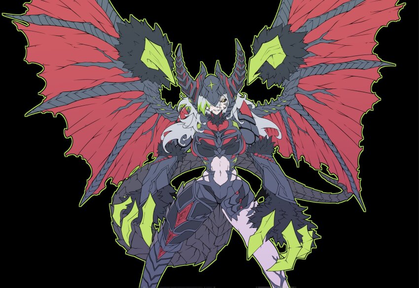 1girl, armor, black_armor, black_helmet, black_sclera, breasts, colored_sclera, crazy_smile