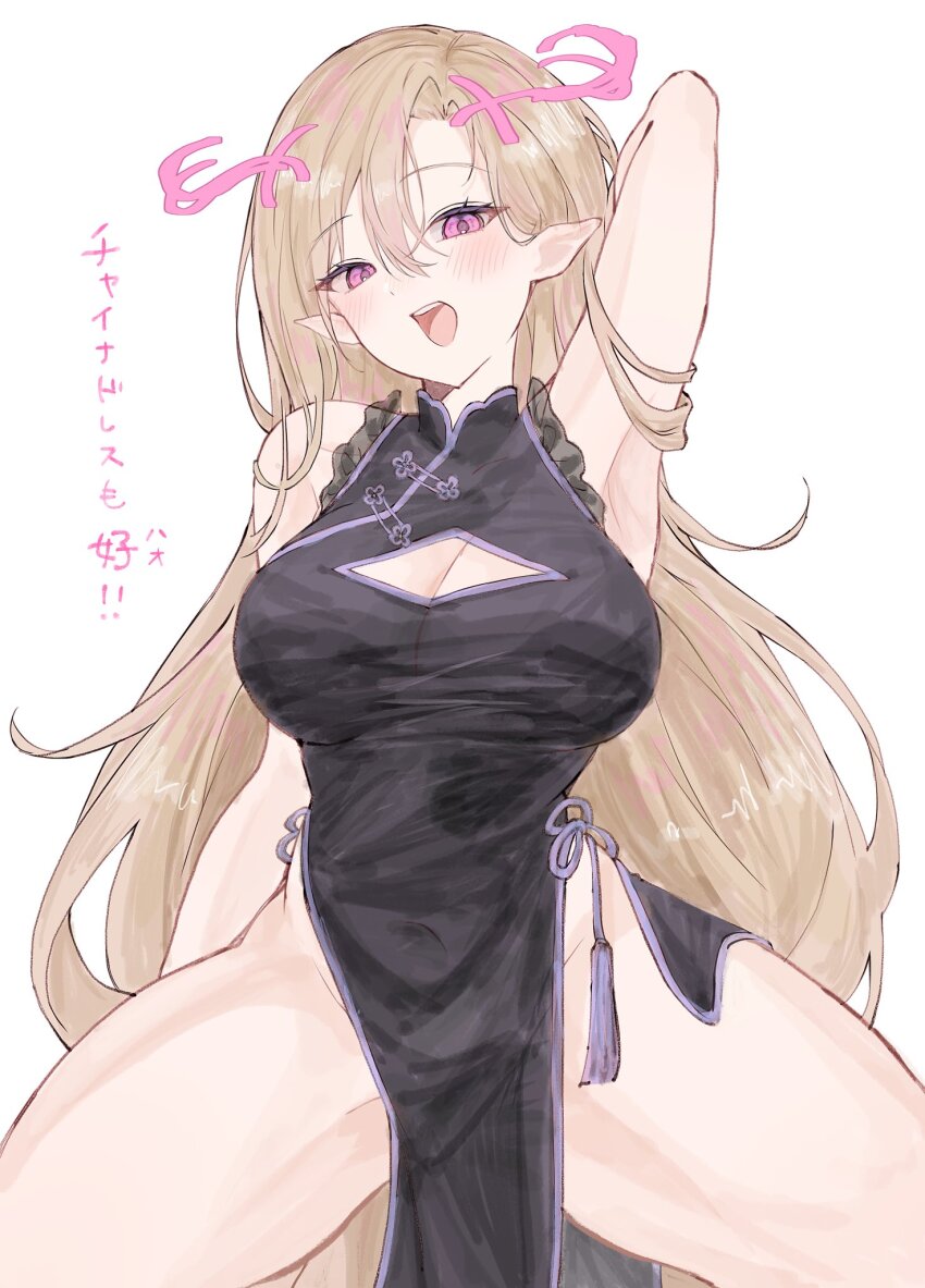 1girl, arm_up, armpits, black_dress, blonde_hair, breasts, china_dress, chinese_clothes