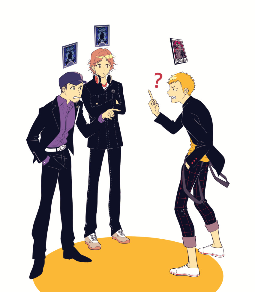 3boys, ?, angry, baseball_cap, black_footwear, blonde_hair, brown_hair, card