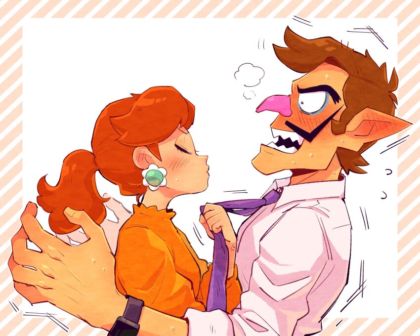 1boy, 1girl, anger_vein, annoyed, assertive_female, bags_under_eyes, blush, border