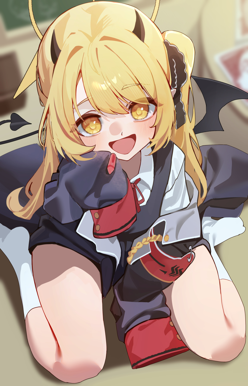 1girl, absurdres, bare_legs, black_coat, black_dress, blonde_hair, blue_archive, coat