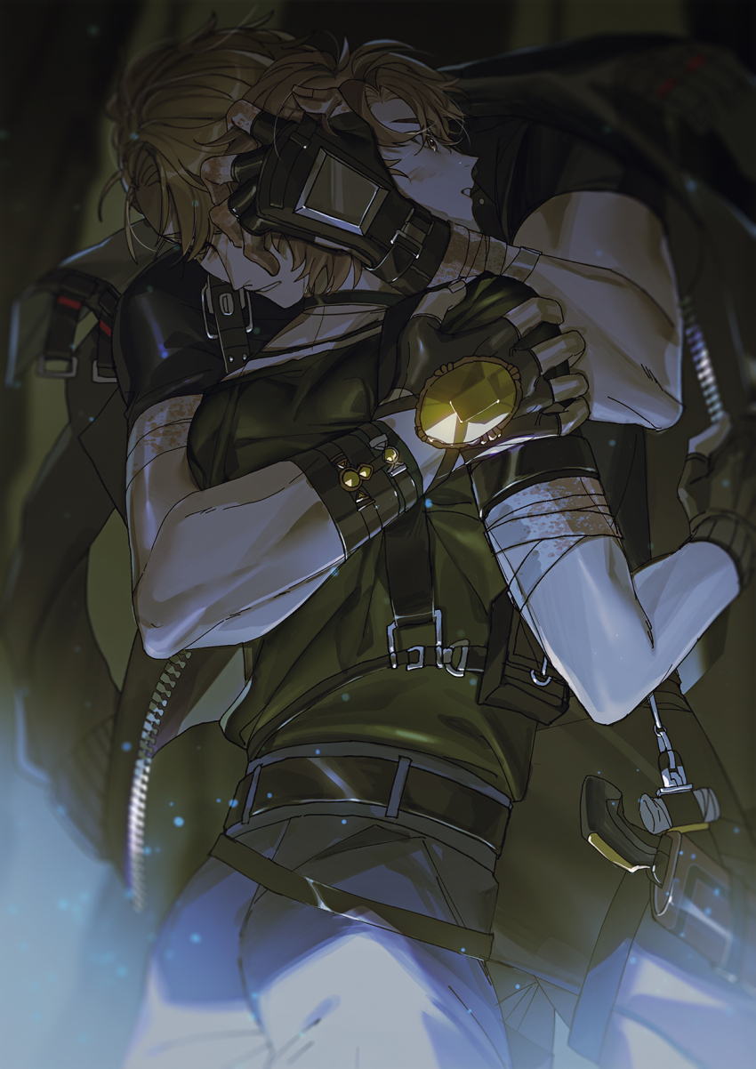 2boys, bandaged_arm, bandages, black_bag, black_gloves, black_shirt, blonde_hair, blood, blood_on_face, bloody_bandages, brown_eyes, brown_hair, eiden_(astral_duo)_(nu_carnival), eiden_(nu_carnival), fingerless_gloves, gem, gloves, hand_on_another's_head, hand_on_another's_shoulder, head_down, highres, hug, light_particles, multiple_boys, nu_carnival, parted_lips, quincy_(distant_promise)_(nu_carnival), quincy_(nu_carnival), shirt, short_hair, short_sleeves, yaoi, yellow_gem, yurichen111