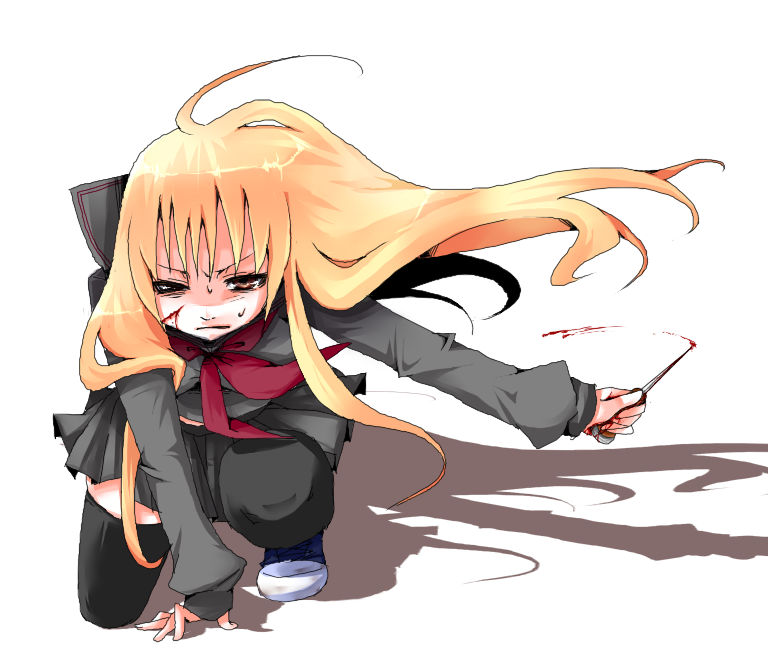 1girl, battle_royale, black_thighhighs, blonde_hair, blood, brown_eyes, chigusa_takako, cuts