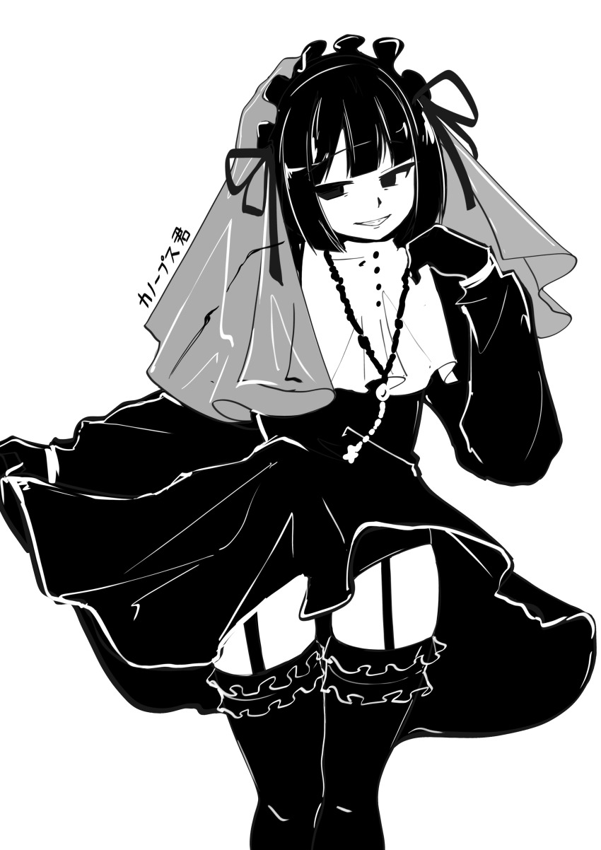 1boy, absurdres, clothes_lift, commentary_request, cowboy_shot, crossdressing, crossdressing_(mtf), dress, dress_lift, garter_straps, gloves, greyscale, hairband, hand_up, heretic_canopus, highres, jewelry, lace, lace-trimmed_legwear, lace_trim, lolita_fashion, lolita_hairband, long_sleeves, looking_to_the_side, male_focus, monochrome, necklace, ribbon, sake_samei, short_hair, shutokou_battle, shutokou_battle_(2025), simple_background, sketch, sneer, solo, thighhighs, trap, veil, white_background