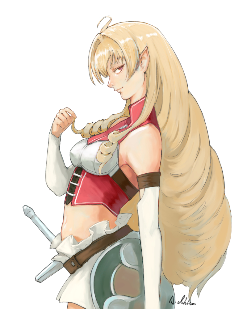 1girl, a_ichiro, ahoge, belt, breasts, closed_mouth, cropped_jacket, detached_sleeves, elf, elinalise_dragonroad, from_side, jacket, long_hair, looking_at_viewer, mushoku_tensei, navel, pointy_ears, red_eyes, red_jacket, sheath, signature, simple_background, skirt, small_breasts, solo, stomach, sword, very_long_hair, weapon, white_background, white_skirt