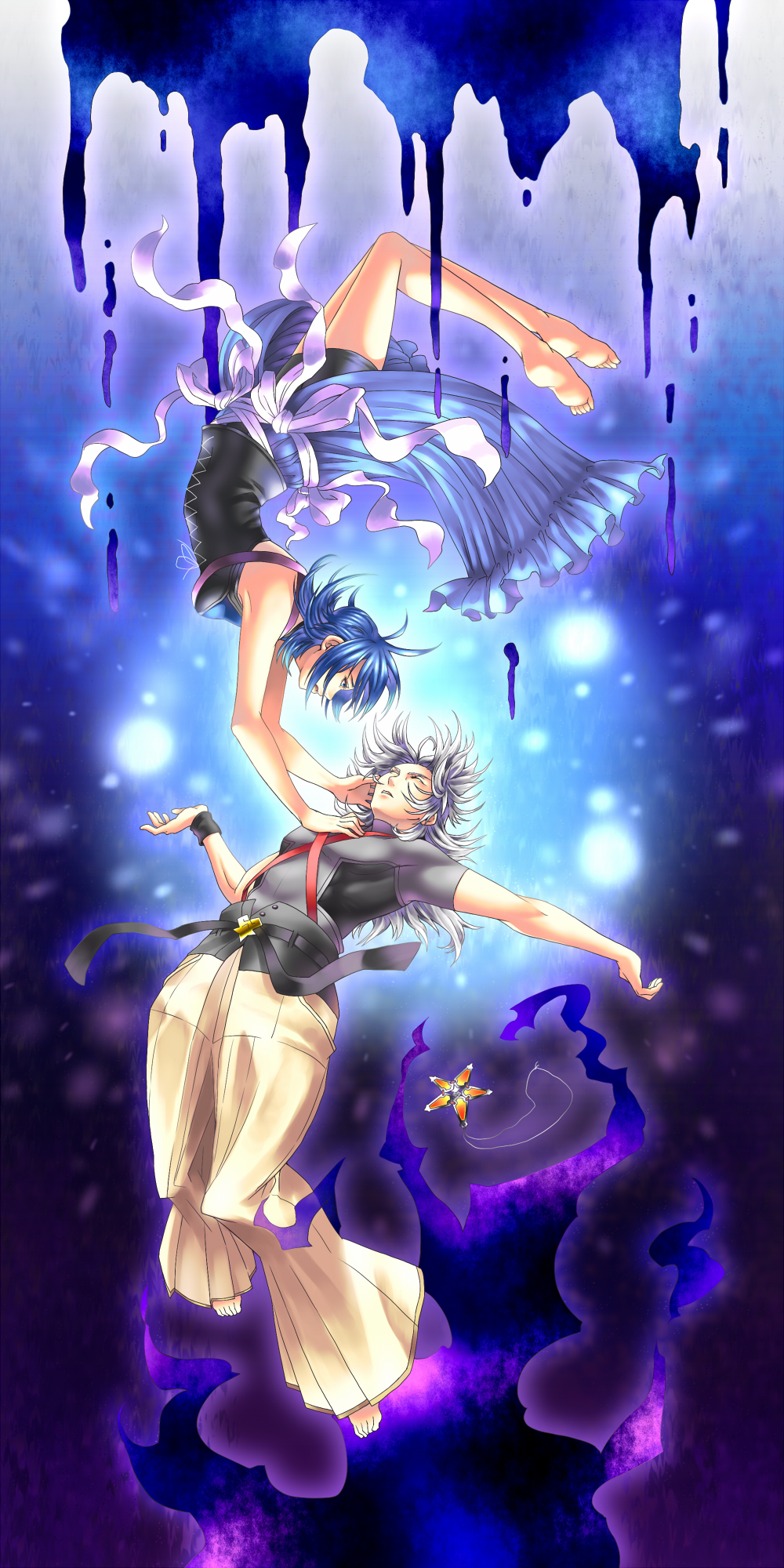 1boy, 1girl, aqua_(kingdom_hearts), banana_gyuunyuu, bare_shoulders, barefoot, blue_hair, disney, hakama, hakama_skirt, highres, japanese_clothes, kingdom_hearts, kingdom_hearts_birth_by_sleep, md5_mismatch, skirt, spoilers, square_enix, terra-xehanort, terra_(kingdom_hearts), vanitassora, white_hair, wristband, xehanort_(kingdom_hearts)