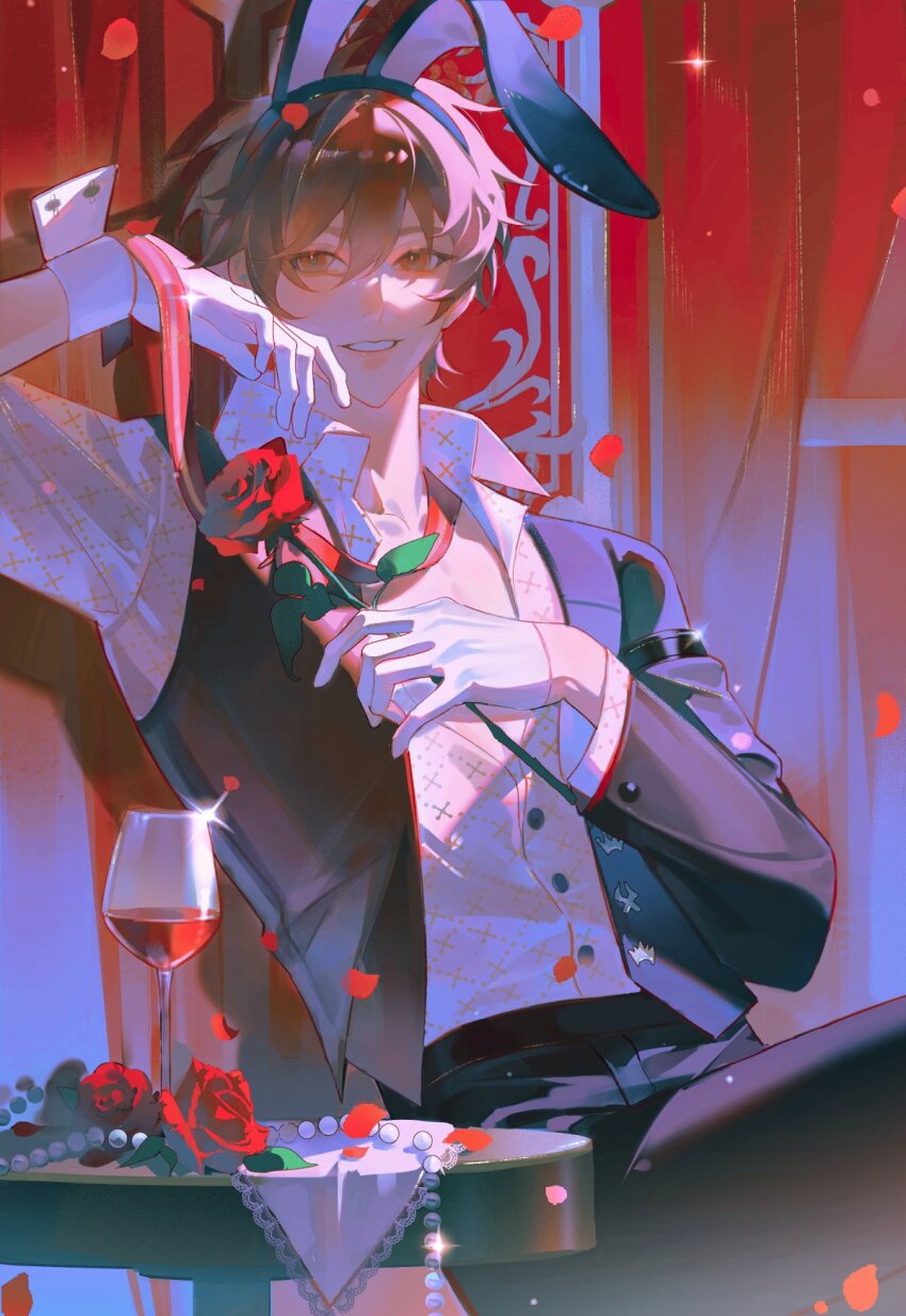 1boy, alcohol, animal_ears, black_pants, black_vest, brown_eyes, brown_hair, candyhaha233, cup, drinking_glass, eiden_(nu_carnival), falling_petals, flower, gloves, hair_between_eyes, hand_on_own_face, highres, long_sleeves, looking_at_viewer, male_playboy_bunny, nu_carnival, official_alternate_costume, pants, parted_lips, petals, playboy_bunny, rabbit_ears, red_flower, red_rose, red_wine, rose, rose_petals, shirt, short_hair, smile, solo, vest, white_gloves, white_shirt, white_wrist_cuffs, wine, wine_glass, wrist_cuffs