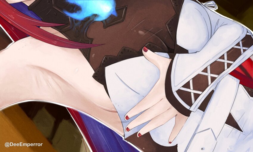 1girl, absurdres, armpits, blue_fire, blue_hair, breast_focus, breasts, dee_(deeemperror), elizabeth_rose_bloodflame, elizabeth_rose_bloodflame_(1st_costume), fire, fire_on_chest, grabbing_own_breast, gradient_hair, highres, hololive, hololive_english, long_hair, medium_breasts, meme, multicolored_hair, my_reaction_to_that_information_(meme), red_hair, sideboob, solo, virtual_youtuber