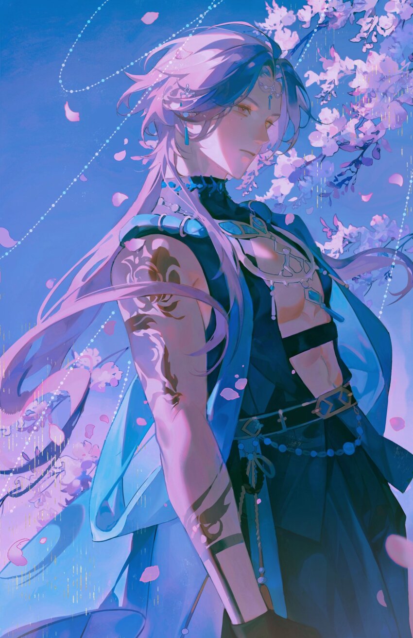 1boy, arm_tattoo, arms_at_sides, black_gloves, black_pants, blue_choker, blue_sky, candyhaha233, choker, earrings, expressionless, falling_petals, forehead_jewel, from_side, gloves, highres, jewelry, kuya_(billowing_wildfire)_(nu_carnival), kuya_(nu_carnival), long_hair, midriff_peek, mole, mole_under_eye, nu_carnival, open_clothes, pants, parted_bangs, petals, purple_hair, shoulder_tattoo, sky, solo, tassel, tassel_earrings, tattoo, turtleneck, yellow_eyes