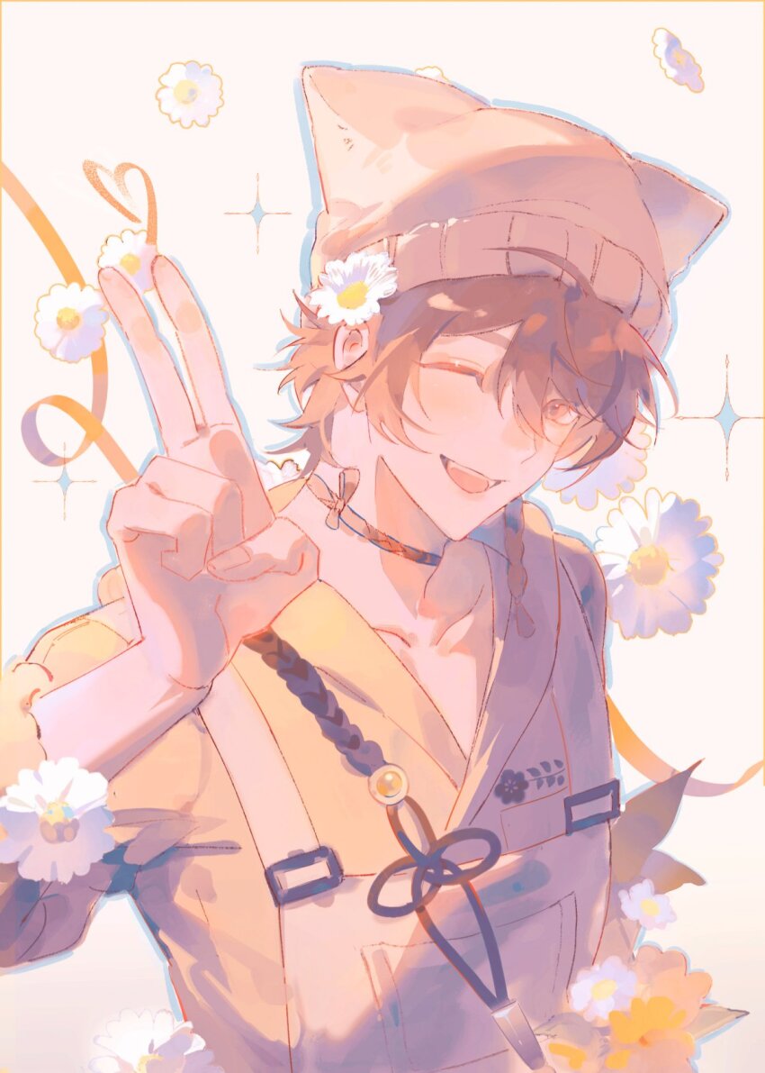 1boy, animal_hat, brown_eyes, brown_hair, candyhaha233, cat_hat, choker, eiden_(nu_carnival)