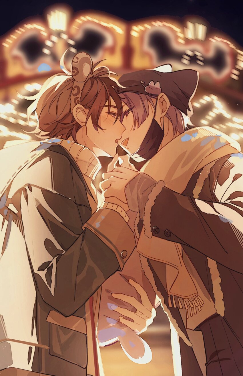 2boys, animal_ear_hairband, animal_ear_headwear, animal_ears, animal_print, arm_up, black_hat, black_jacket