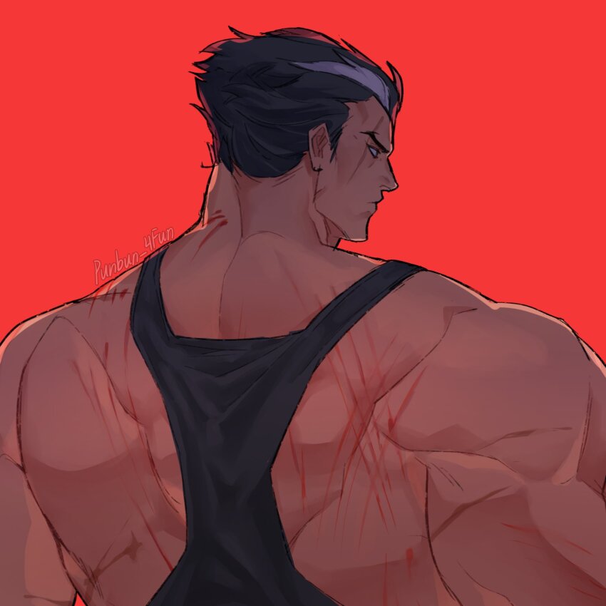 1boy, back_muscles, bara, broad_shoulders, darius_(league_of_legends), dunkmaster_darius, from_behind, highres