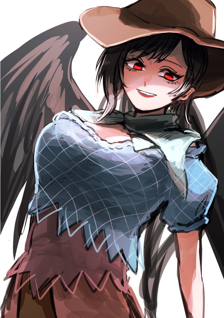 bandana, black_hair, black_wings, blue_dress, brown_dress, brown_hat, brown_overskirt, commentary_request