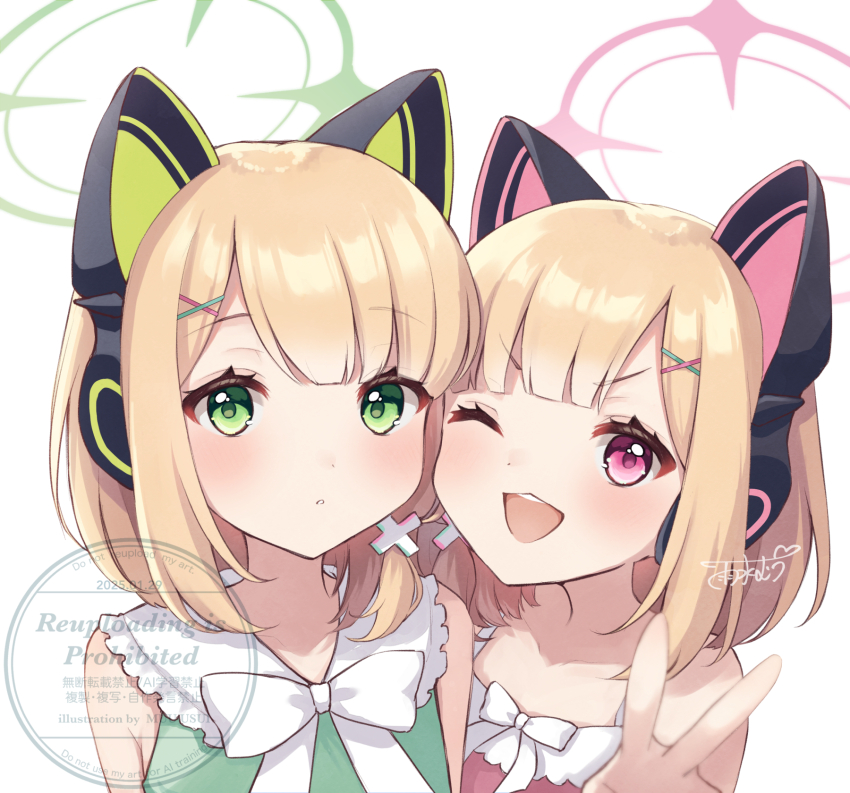 2girls, ;d, animal_ear_headphones, animal_ears, blonde_hair, blue_archive, blush, cat_ear_headphones