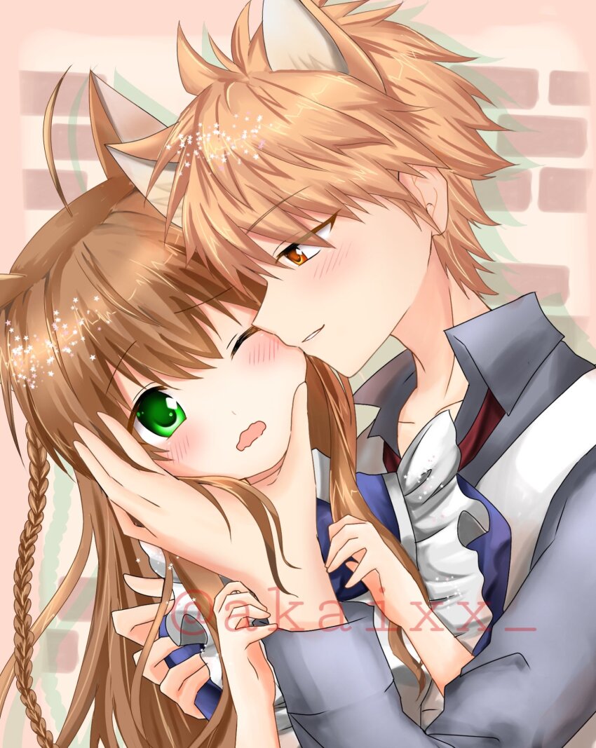1boy, 1girl, ahoge, akaixx, alternate_costume, animal_ears, apron, blush