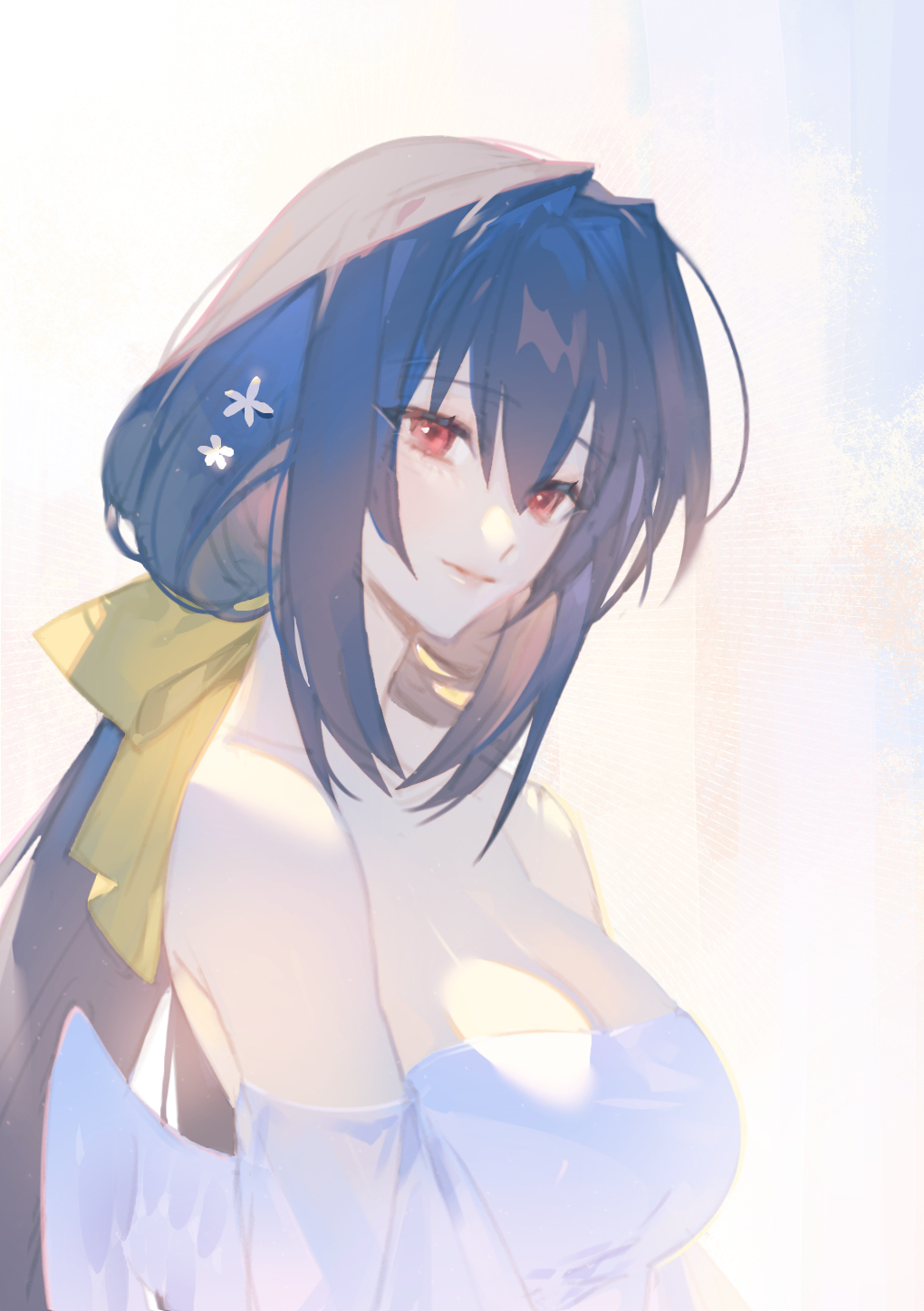 1girl, angel_wings, bare_shoulders, blue_hair, breasts, bride, cleavage, dappled_sunlight