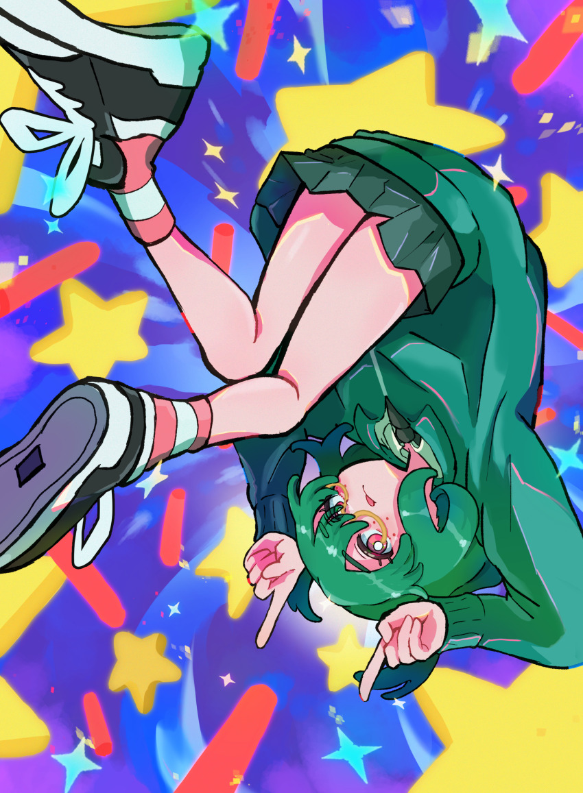1girl, absurdres, ayaka_mitarashi, black_footwear, colorful_background, glasses, green_hair, green_jacket