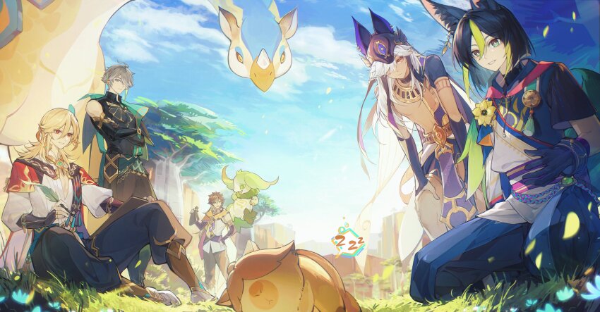 3others, 5boys, absurdres, ahoge, alhaitham_(genshin_impact), ancient_egyptian_clothes, animal_ear_fluff, animal_ears, asymmetrical_sleeves, black_gloves, black_hair, black_pants, black_shirt, blonde_hair, blue_sash, blue_sky, cape, capelet, capybara, capybara_(genshin_impact), chest_jewel, closed_mouth, cloud, commentary_request, compression_shirt, creature, crop_top, crossed_arms, cyno_(genshin_impact), earrings, elbow_gloves, feather_hair_ornament, feathers, fingerless_gloves, flower, fox_ears, gem, genshin_impact, gloves, gold_trim, gradient_hair, grass, green_cape, green_gem, green_hair, grey_hair, hair_between_eyes, hair_ornament, headphones, highres, hood, hood_down, hoodie, jewelry, kaveh_(genshin_impact), liu_sha28968, long-necked_rhino_(genshin_impact), long_hair, long_sleeves, male_focus, multicolored_hair, multiple_boys, multiple_others, necklace, on_ground, open_mouth, outdoors, pants, parted_bangs, partially_fingerless_gloves, purple_sash, red_cape, red_eyes, sash, seiza, sethos_(genshin_impact), shirt, short_hair, short_sleeves, single_earring, sitting, sky, sleeping, sleeveless, sleeveless_shirt, smile, spoken_zzz, standing, streaked_hair, streamers, sunlight, swept_bangs, table, tighnari_(genshin_impact), uneven_sleeves, usekh_collar, vision_(genshin_impact), white_hair, white_shirt, yumkasaurus_(genshin_impact), zzz