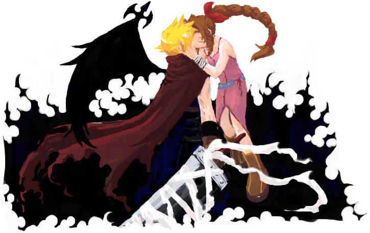 1990s_(style), 1boy, 1girl, aerith_gainsborough, bad_id, bad_pixiv_id, blonde_hair, boots, bracelet, braid, brown_hair, cloud_strife, dress, closed_eyes, final_fantasy, final_fantasy_vii, gloves, hair_ribbon, jewelry, kingdom_hearts, long_hair, pink_dress, ponytail, ribbon, scarf, single_braid, sword, wao_n, weapon, wings