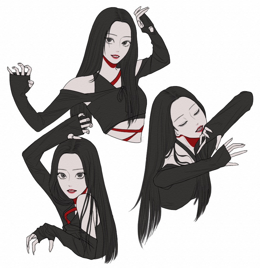 1girl, arm_up, bare_shoulders, black_eyes, black_hair, choerry, closed_eyes, commentary