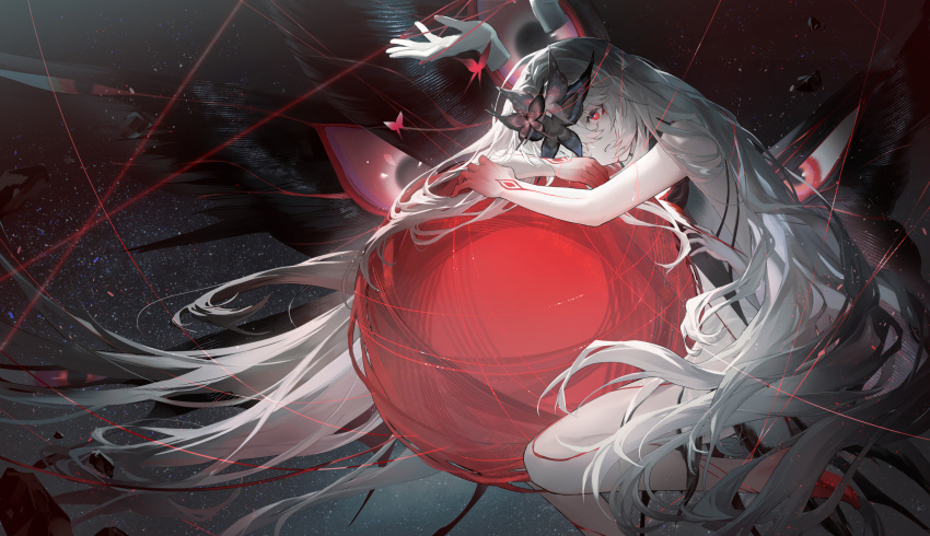 1girl, akiyadol, barefoot, bug, butterfly, chaos_(pgr), disembodied_hand, highres, insect, long_hair, official_art, one_eye_covered, parted_lips, punishing:_gray_raven, red_eyes, solo, tattoo, white_hair