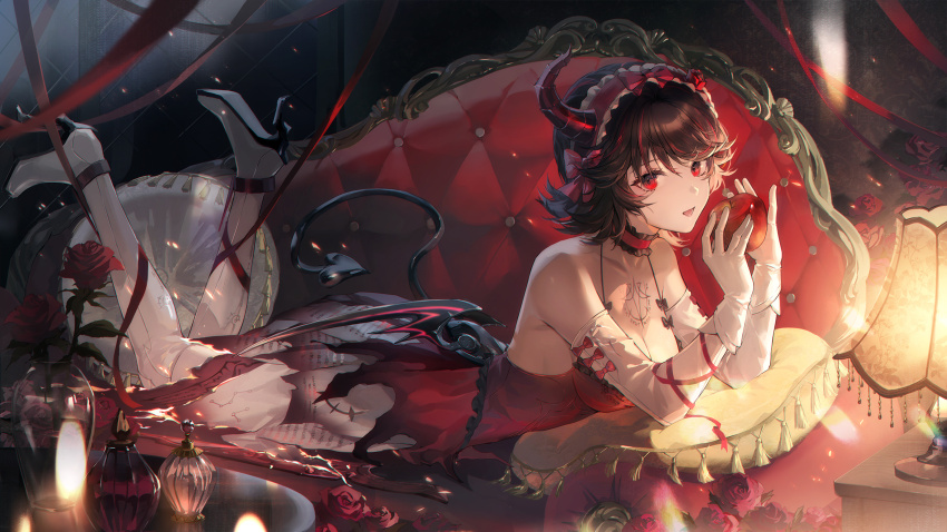 1girl, akiyadol, apple, bat_wings, black_hair, bottle, broken_horn, couch