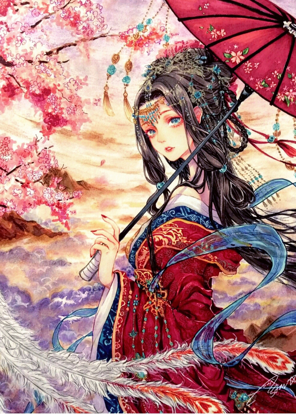 1girl, astar0w0, black_hair, blue_eyes, braid, braided_hair_rings, branch, character_request