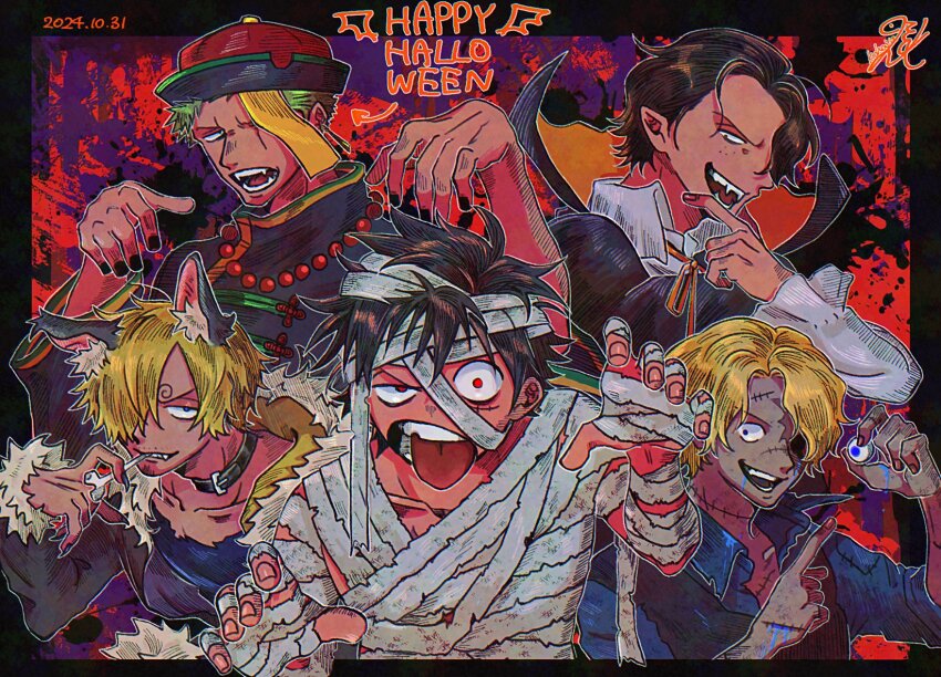 5boys, animal_ears, bandages, black_hair, blonde_hair, choker, commentary, curly_eyebrows, eyeball, fake_animal_ears, fangs, fingernails, freckles, green_hair, hair_over_one_eye, happy_halloween, hat, highres, holding, holding_eyeball, kohaya58938, long_fingernails, looking_at_viewer, male_focus, monkey_d._luffy, multiple_boys, one_piece, portgas_d._ace, roronoa_zoro, sabo_(one_piece), sanji_(one_piece), short_hair, tongue, tongue_out