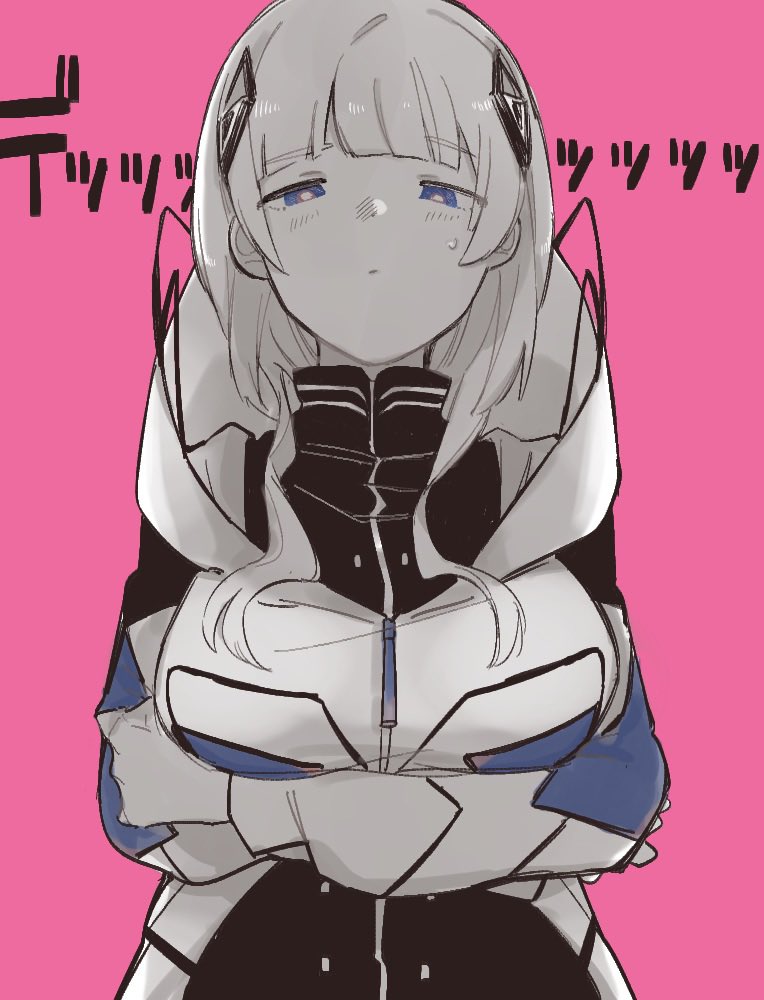 1girl, alternate_breast_size, arms_under_breasts, bad_id, bad_twitter_id, blue_eyes, breasts, cevio