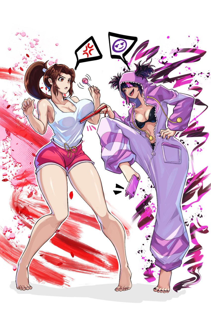 2girls, alex_dos_diaz, alternate_costume, anger_vein, bare_legs, barefoot, between_toes, black_bra