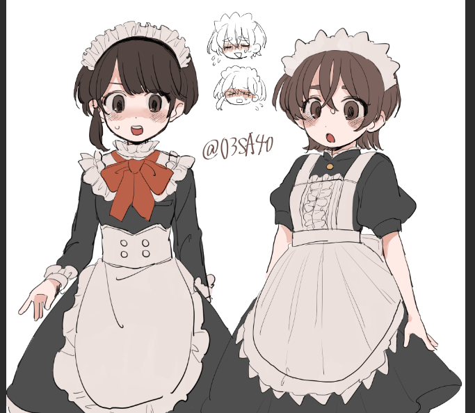 03sa40, 1boy, 1girl, alternate_costume, apron, black_dress, blush, bow