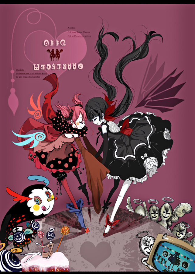 10s, 2girls, black_hair, blush_stickers, bottle_(pixiv1582908), bottle_(x890264), charlotte_(madoka_magica), closed_eyes, daniyyel+jennifer, detached_sleeves, german_text, h.n.elly_(kirsten), holding_hands, letterboxed, long_hair, long_sleeves, madoka_runes, mahou_shoujo_madoka_magica, mahou_shoujo_madoka_magica_(anime), multiple_girls, personification, pink_hair, pyotr_(madoka_magica), ranguage, short_hair, smile, television, translated, twintails, white_legwear, wide_sleeves, witch's_labyrinth