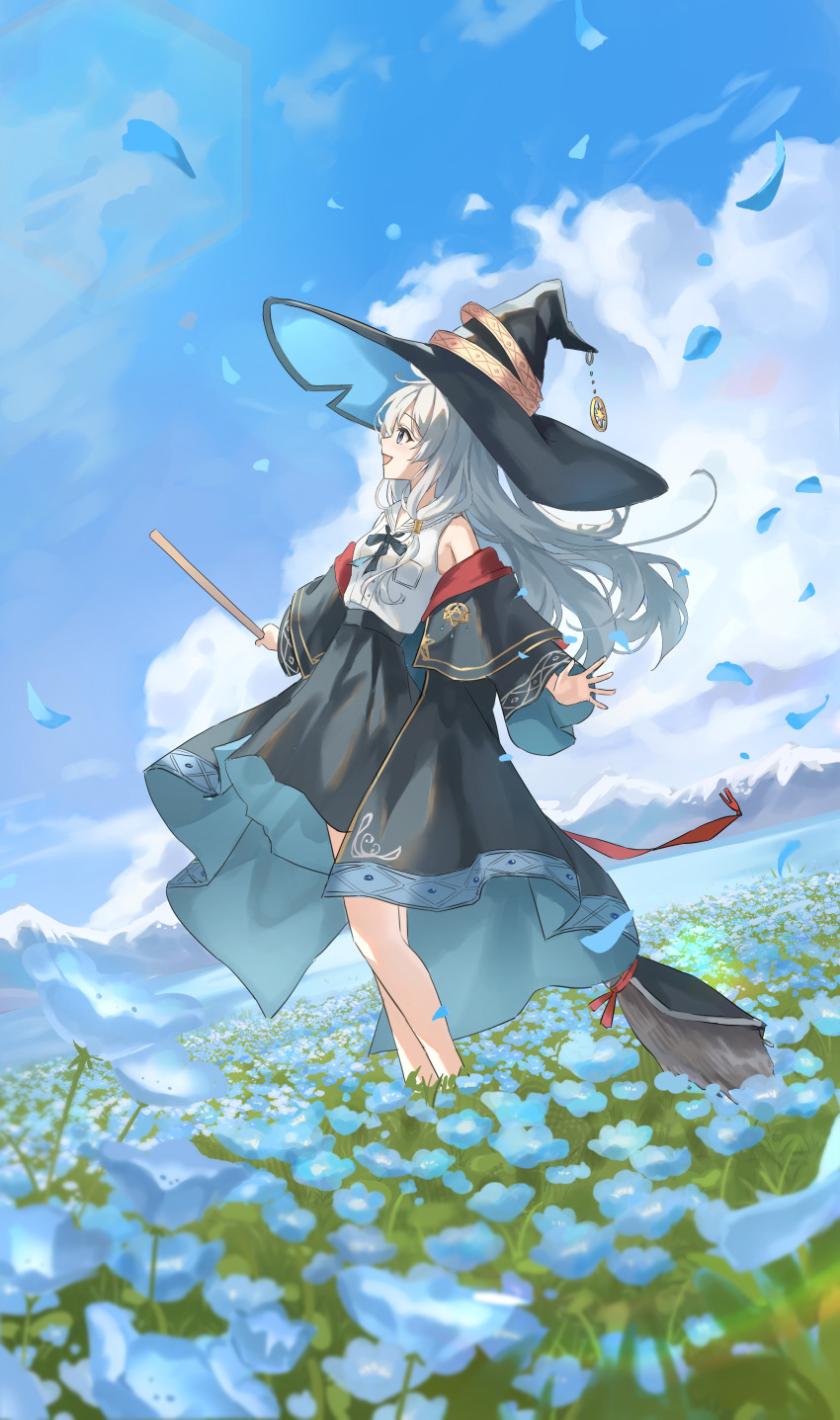 1girl, absurdres, bare_shoulders, black_hat, black_robe, black_skirt, blue_eyes, broom