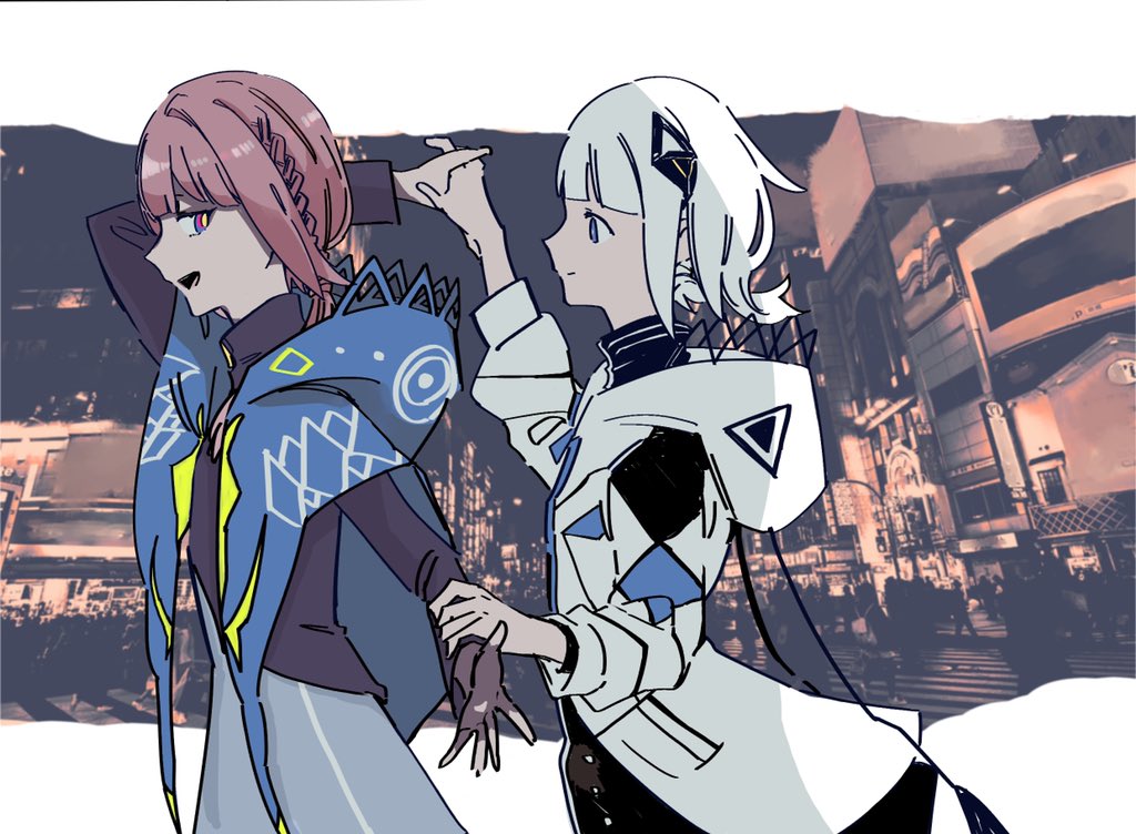 2girls, arm_behind_head, bad_id, bad_twitter_id, behind_another, black_dress, black_shirt, blue_capelet