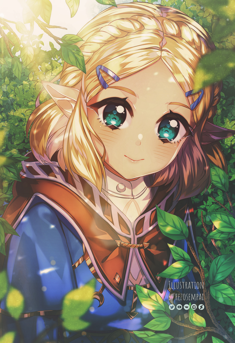 1girl, aqua_eyes, artist_name, blonde_hair, blush, braid, brown_hood, by_mirin