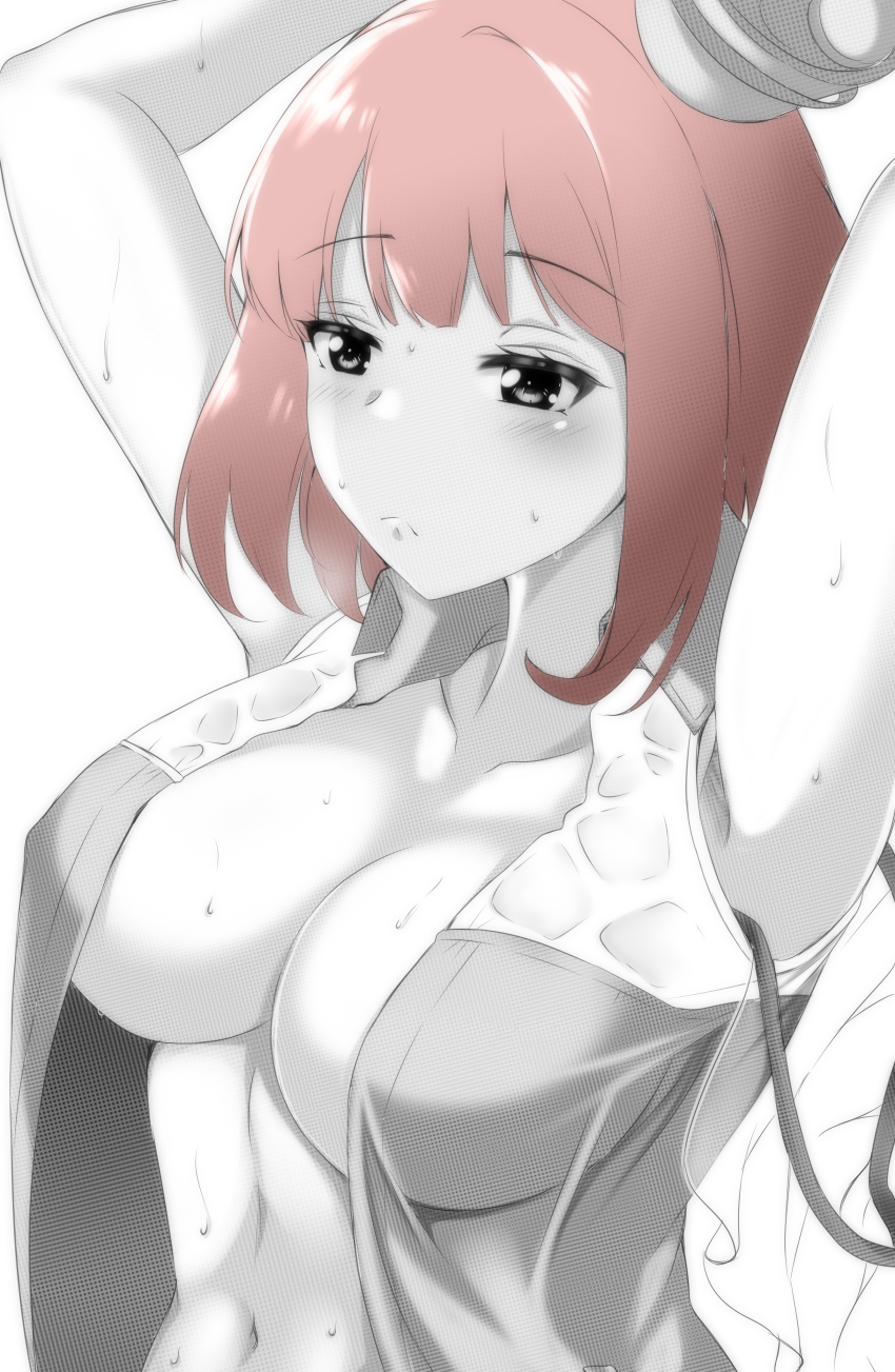 1girl, absurdres, armpits, blush, breasts, closed_mouth, collarbone, collared_dress