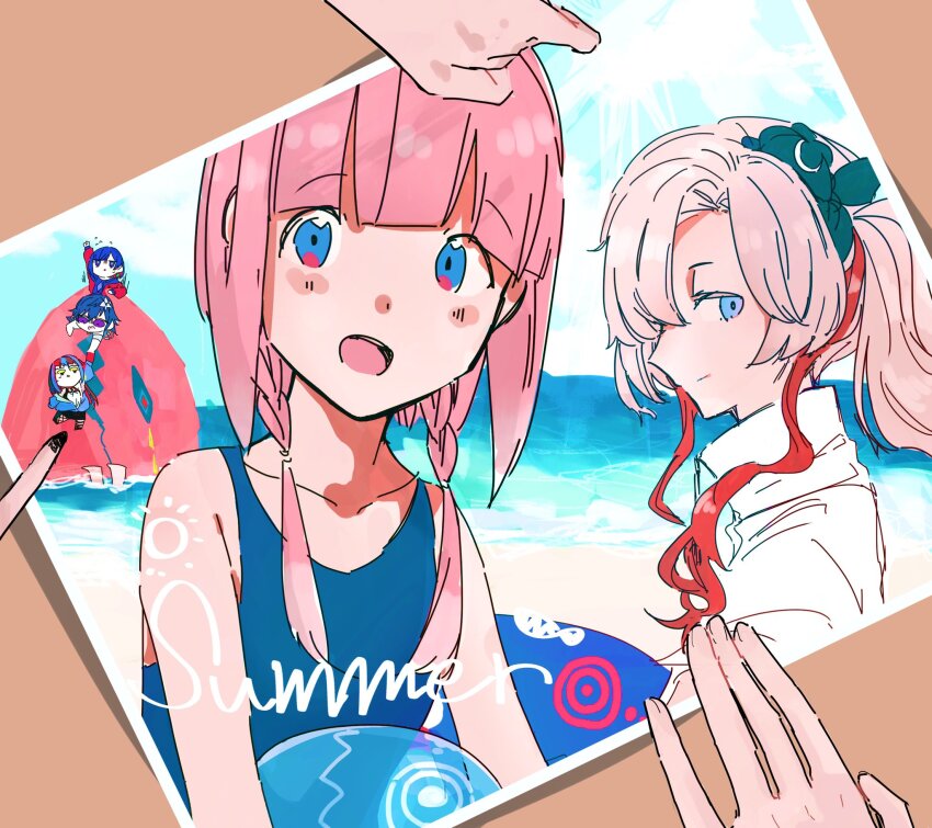 5girls, alternate_costume, alternate_hairstyle, arm_up, bad_id, bad_twitter_id, ball, beach, beachball, blue_eyes, blue_hair, blue_one-piece_swimsuit, blue_sky, blush, brown_hair, chibi, closed_mouth, collared_shirt, day, english_text, fish, hair_over_shoulder, harusaruhi, hastur_(kamitsubaki_studio), highres, holding, holding_ball, holding_beachball, holding_hands, holding_on, horizon, inactive_account, isekaijoucho, isozaki_(iso_zaki54), kaf_(kamitsubaki_studio), kamitsubaki_studio, koko_(kamitsubaki_studio), laplace_(kamitsubaki_studio), long_hair, looking_at_viewer, low_twintails, monster, multicolored_eyes, multicolored_hair, multiple_girls, ocean, one-piece_swimsuit, open_mouth, outdoors, photo_(object), pink_hair, ponytail, red_eyes, red_hair, rim_(kamitsubaki_studio), shirt, sky, smile, streaked_hair, summer, swimsuit, twintails, two-tone_eyes, virtual_youtuber, vore, waving, white_shirt