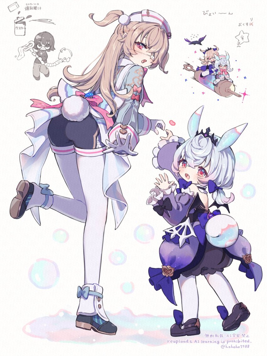 2girls, ass, black_bow, black_footwear, black_shorts, blonde_hair, blue_gem, blue_hair